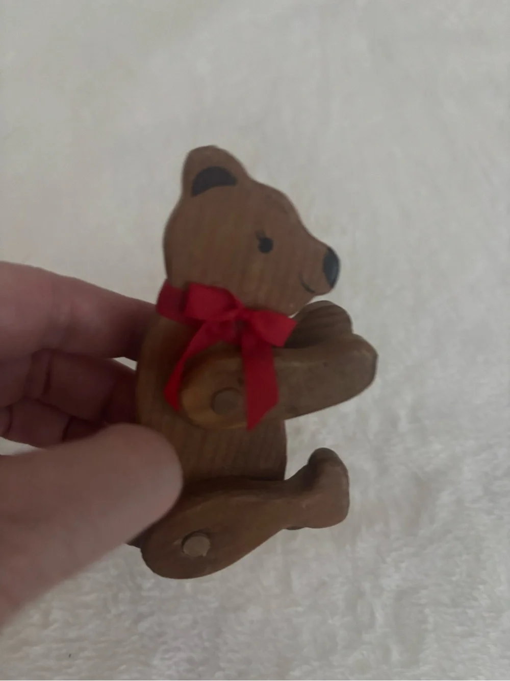 Wooden Brown Bear Toy Red Ribbon - Kids Home Accent  Final Sale